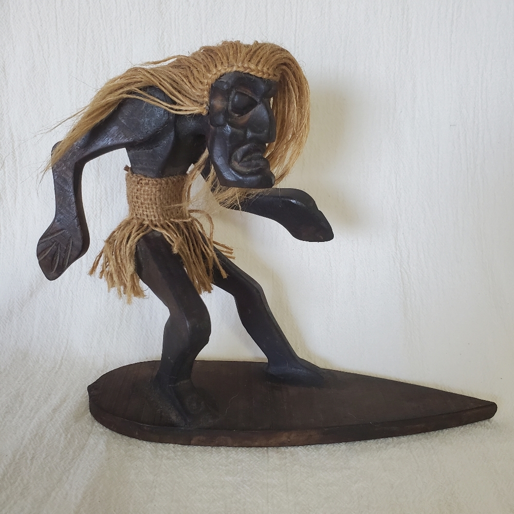 Vintage Hand Carved Wood African Tribal Art Surfing Sculpture